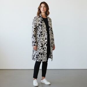 Metro Style Womens Black White Floral Print Knee Length Retro Style Coat Size 18